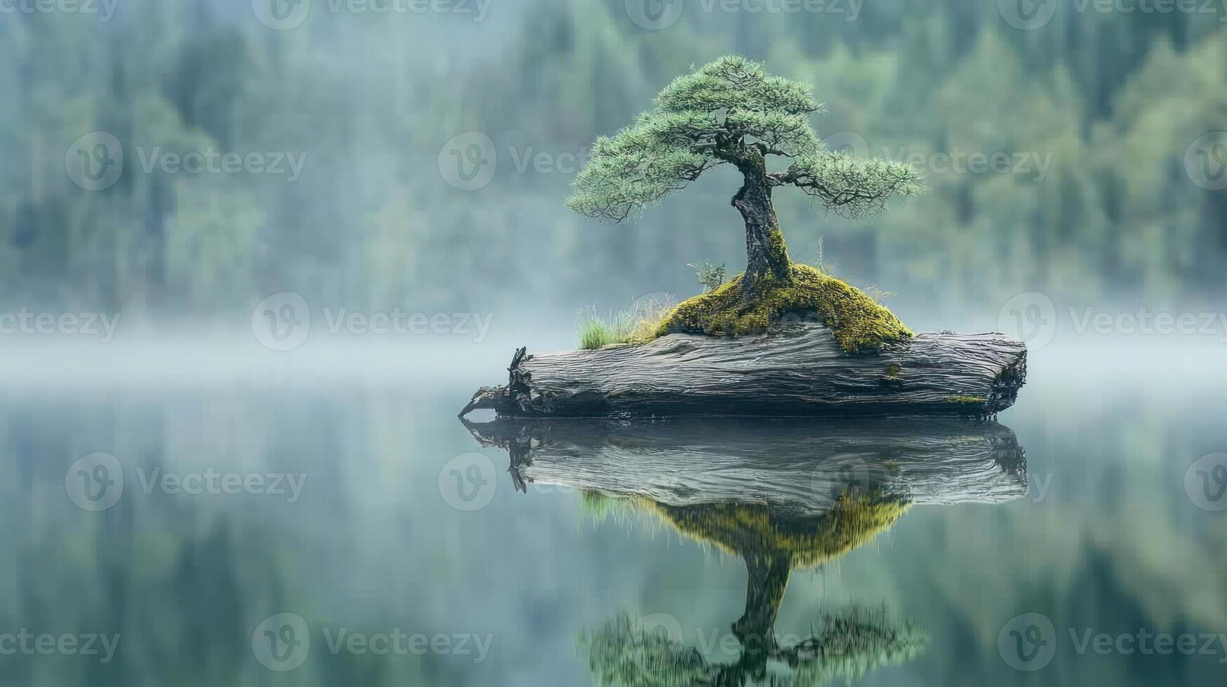 A serene bonsai on a log raft, mirrored in a calm lake, surrounded by a misty forest photo