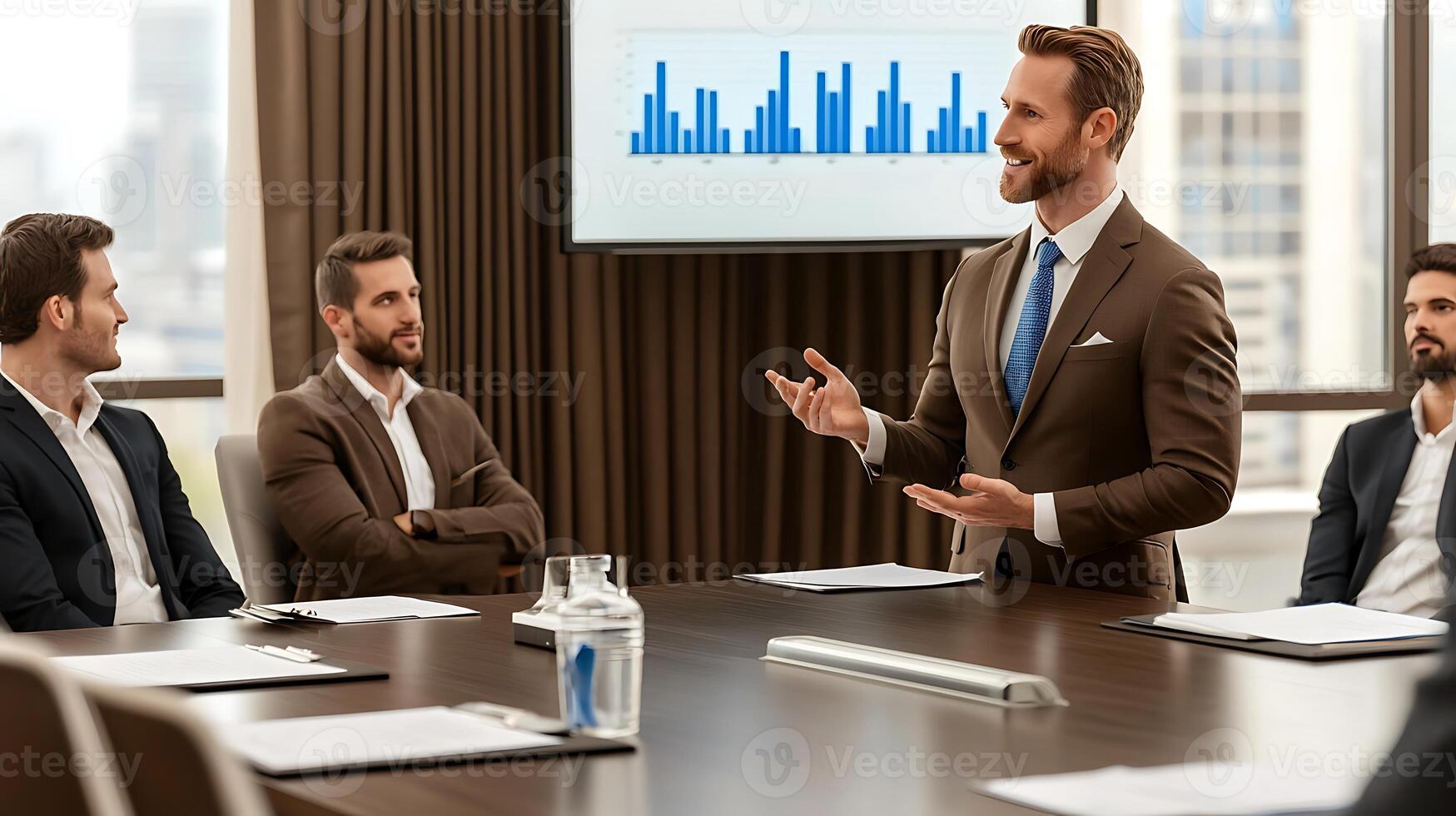 Business meeting in a modern office with a presenter discussing data trends to engaged colleagues photo