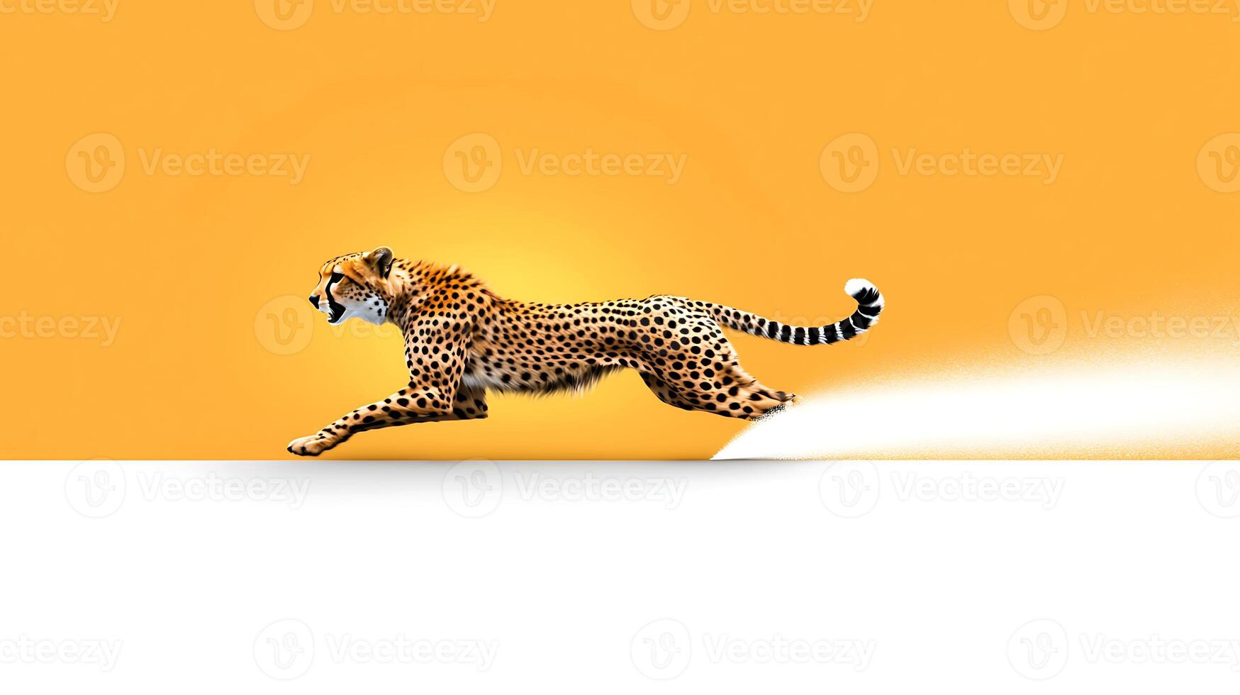 Cheetah sprinting across a vibrant orange background, showcasing speed and agility in motion photo