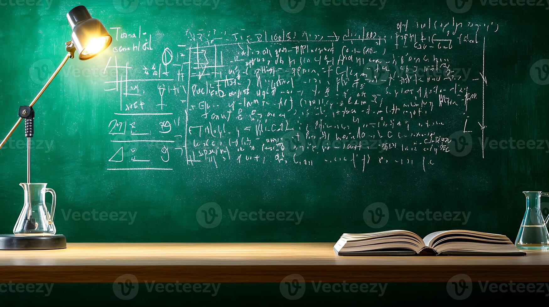 Classroom scene with a lamp illuminating a desk, featuring a book and laboratory glassware, with chalkboard equations photo