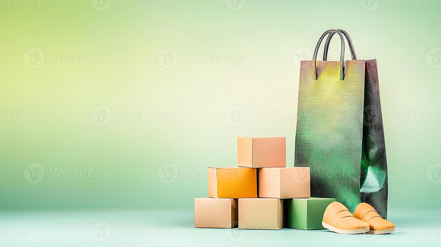 Colorful shopping scene with a stylish bag and stacked boxes against a soft gradient background photo