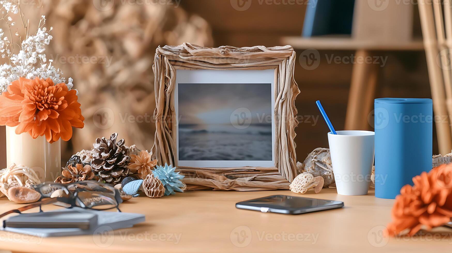 Cozy workspace featuring a decorative photo frame, flowers, and various objects on a wooden table