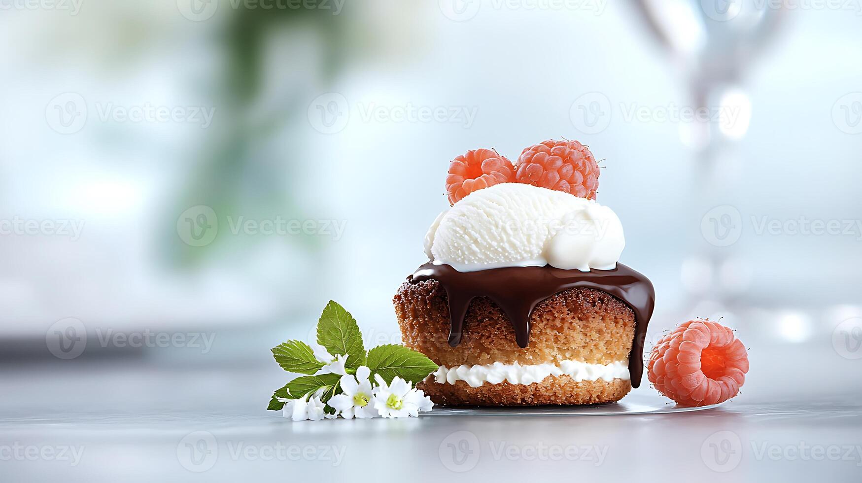 Delicious chocolate cupcake topped with ice cream and raspberries, set on a stylish table photo