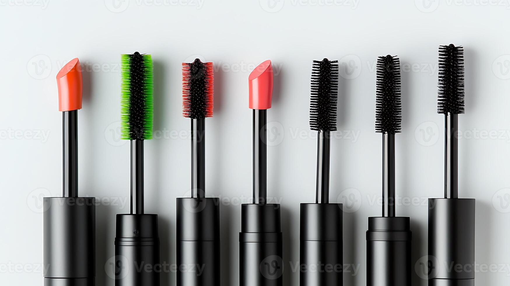 A vibrant display of various mascara wands showcasing colorful bristles and tips on a clean surface photo