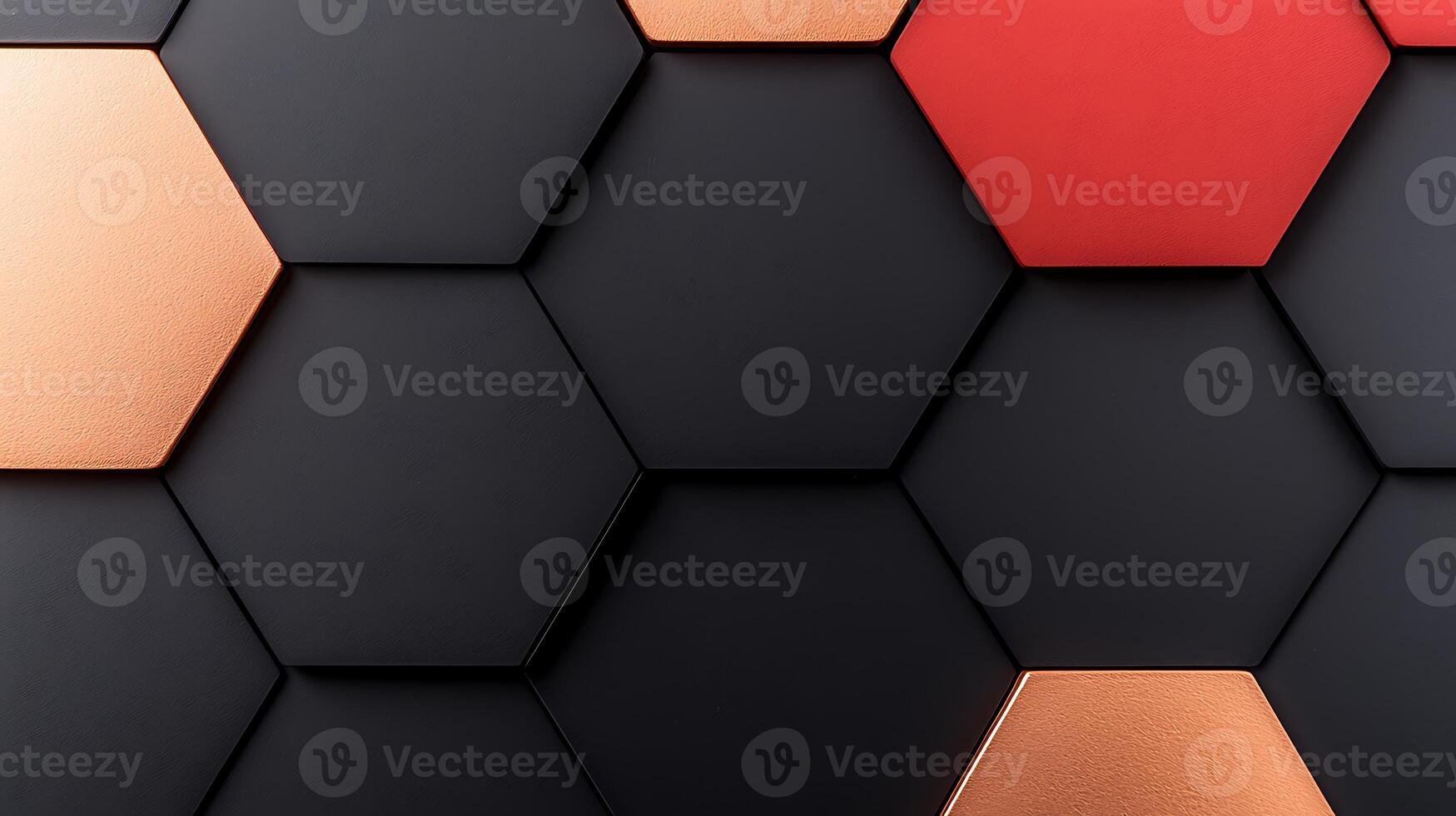 Abstract geometric pattern featuring hexagonal tiles in black, copper, and red, creating a modern design photo