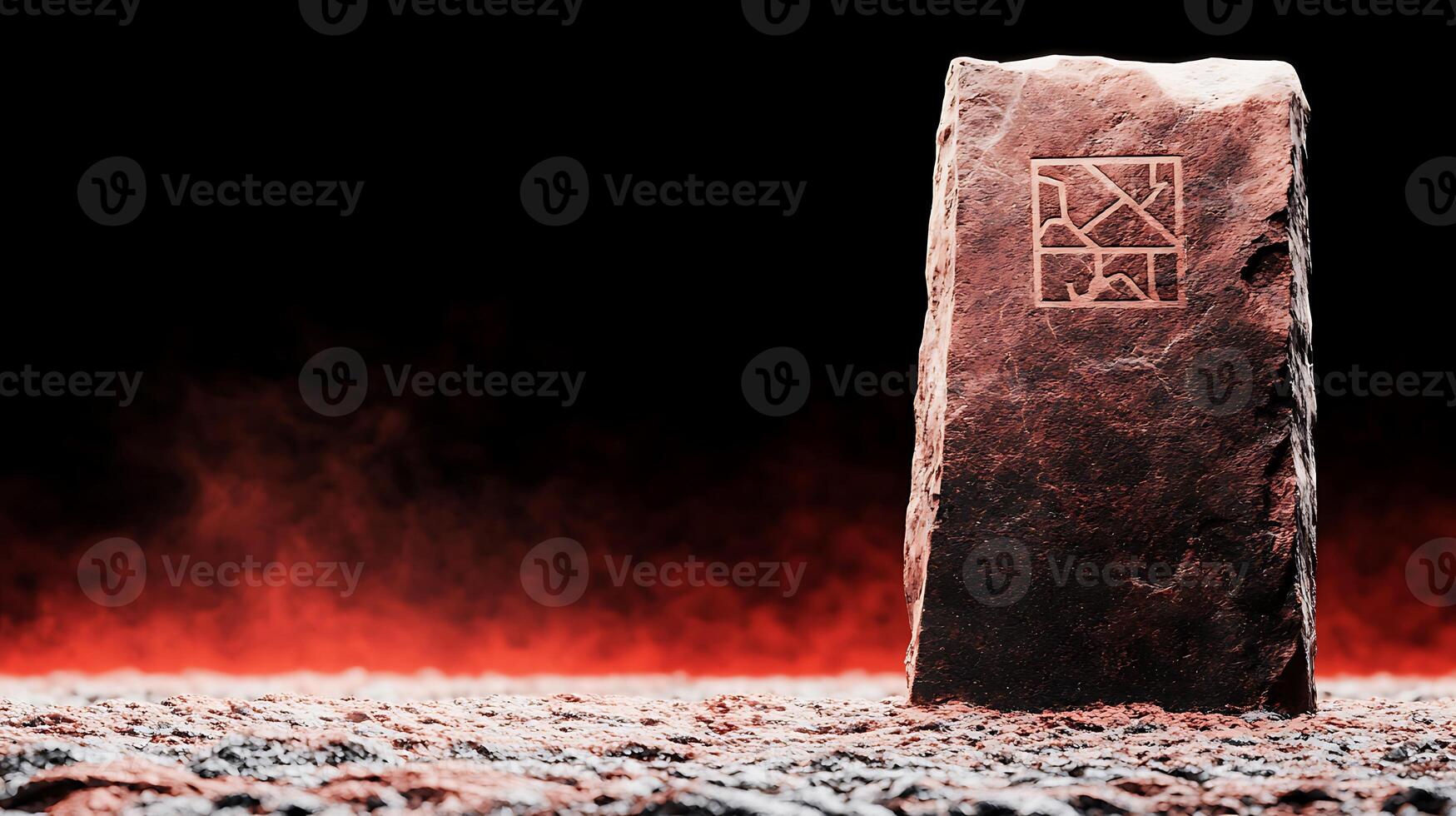 Ancient stone monolith with intricate carvings surrounded by a fiery red mist in a dark setting photo