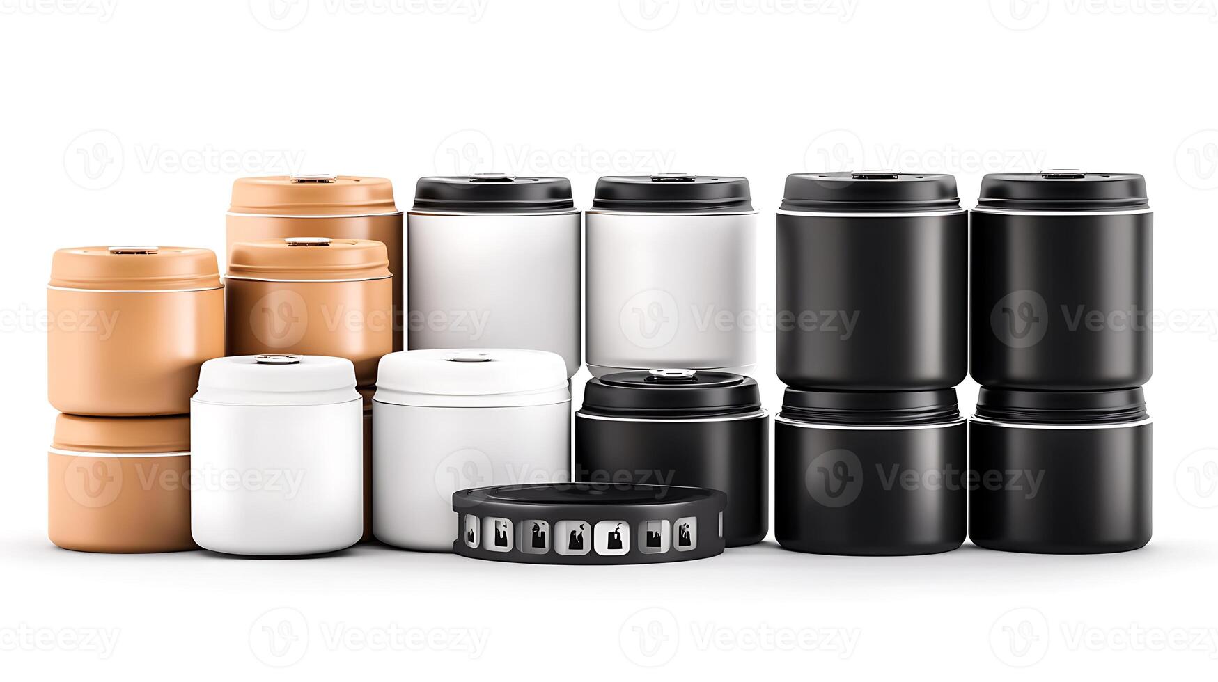 Assorted modern canisters in various colors arranged neatly on a white background photo