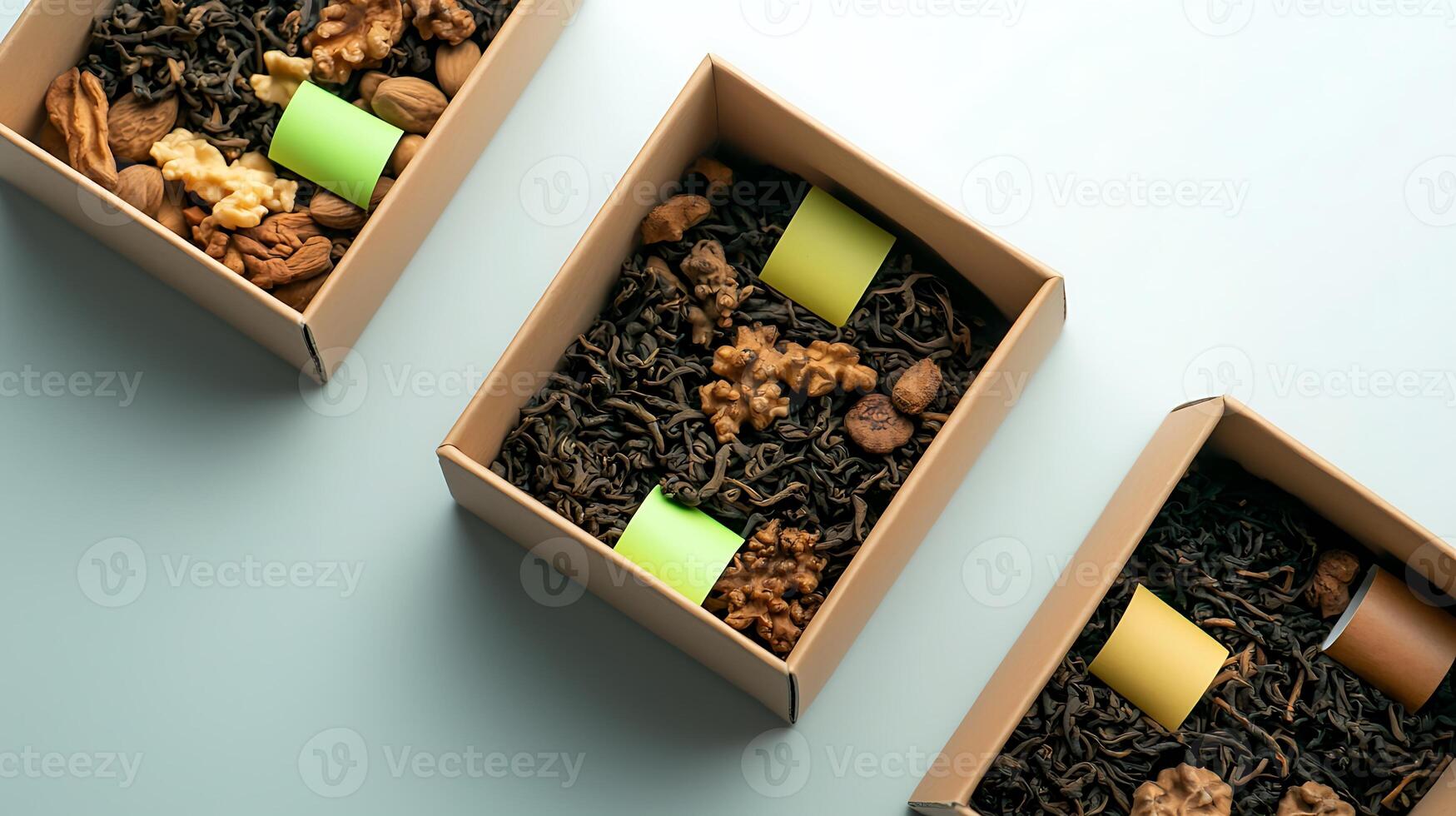 Assorted nut and snack gift boxes with colorful labels on a minimalistic background photo