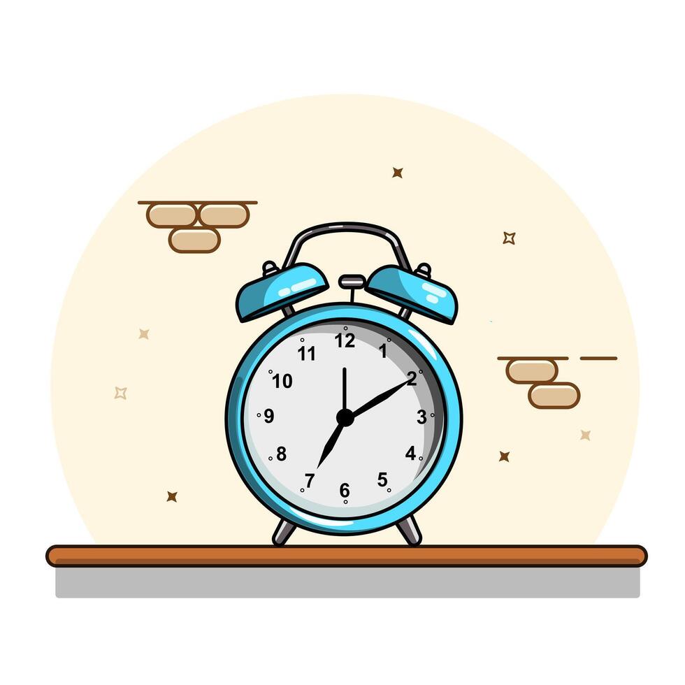 Blue Alarm Clock on a Shelf Vectors Illustration Flat Design