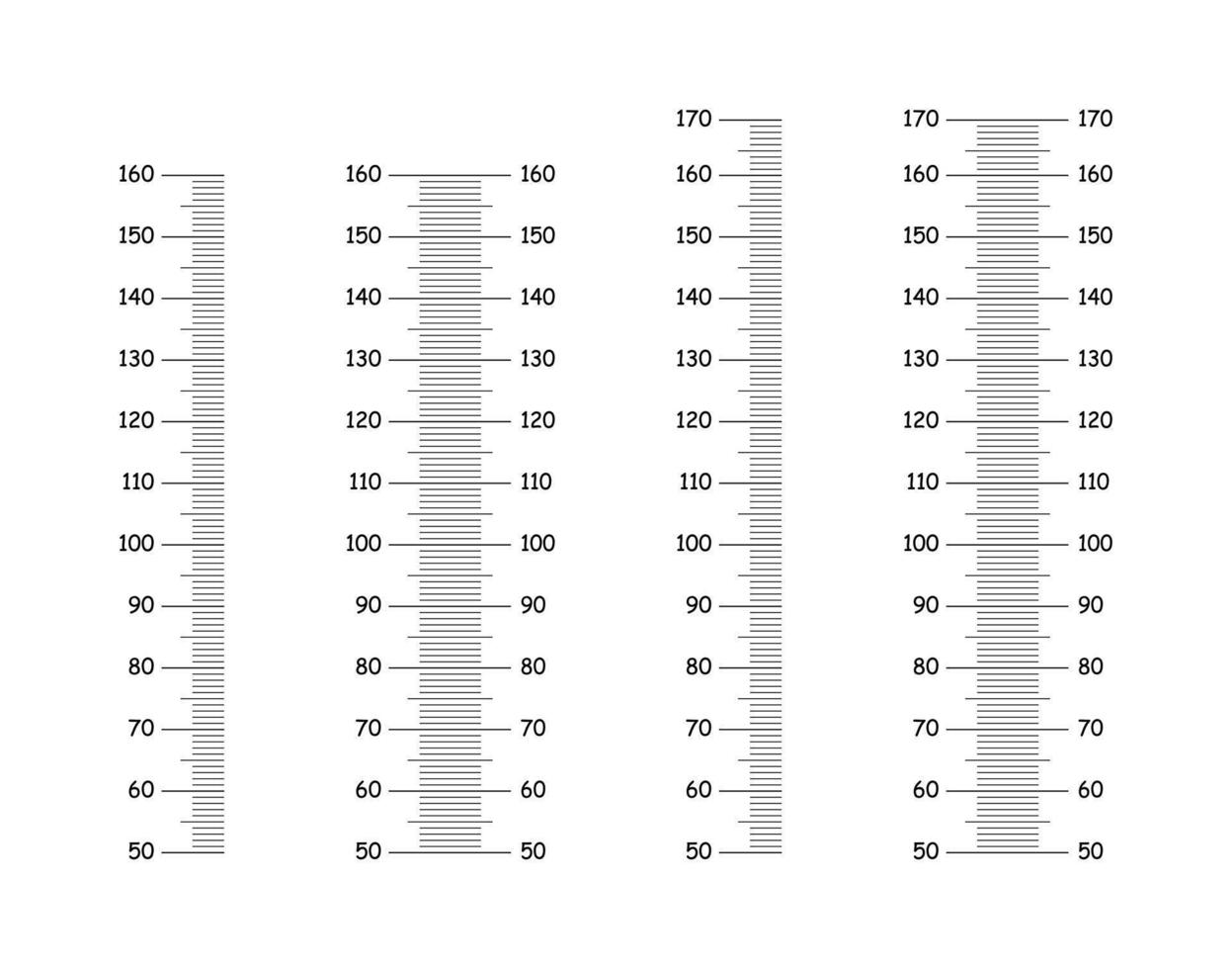 Height charts from 50 to 160, 170 centimeters. Templates for wall growth sticker set. Meter wall or growth ruler. Graphic illustration on white background. vector