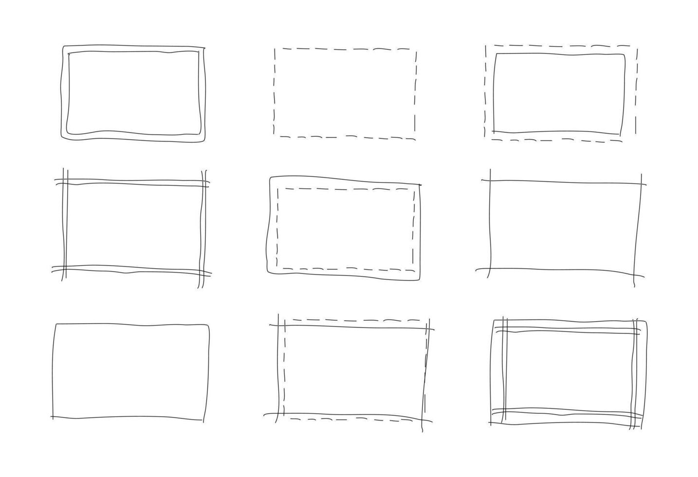 Hand drawn rectangle frames set. Doodle simple rectangular black shapes. Scribble square text boxes. Highlighting elements. Lined thin borders. Graphic illustration on white background. vector