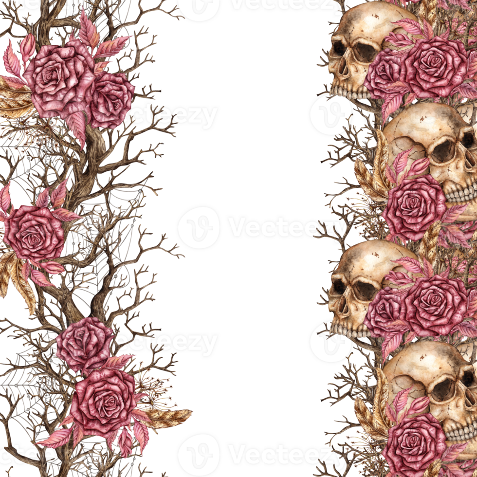 Frame of dry branches and burgundy roses on the left and skulls, feathers and flowers on the right, Square with two side borders. Watercolor illustration for Halloween and Day of the Dead. Isolated png