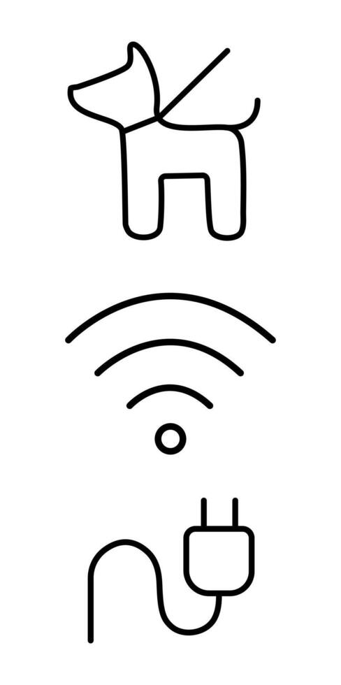 Set of simple icons dog, wifi, and plug symbols in black outline style, isolated on white background vector