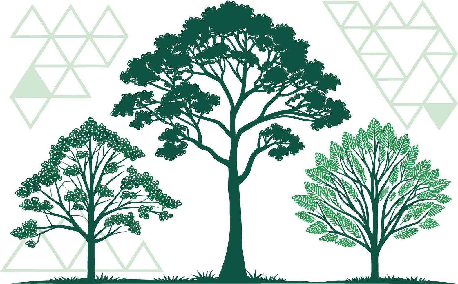 Three green trees with geometric pattern background vector