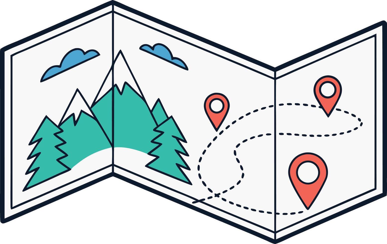 Folded map with mountain landscape and route markers vector
