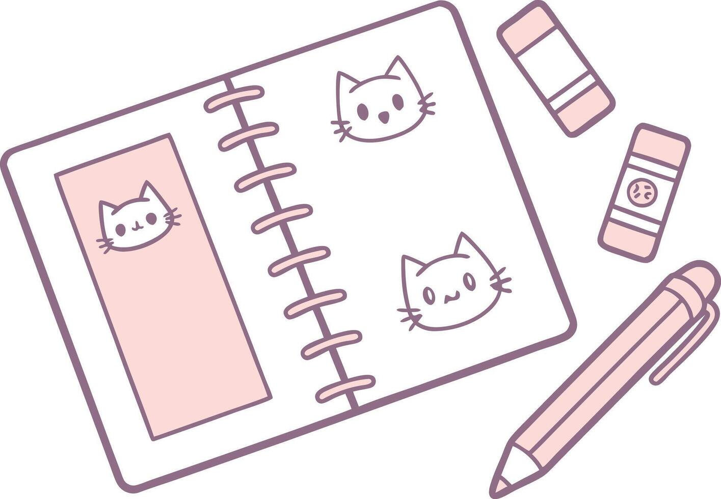 Pink notebook with cat drawings and stationery cats vector