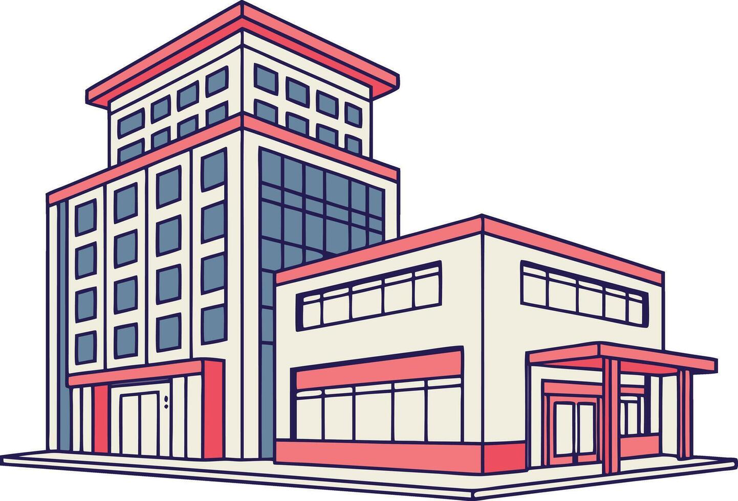 Cream and coral office building with blue windows architecture vector