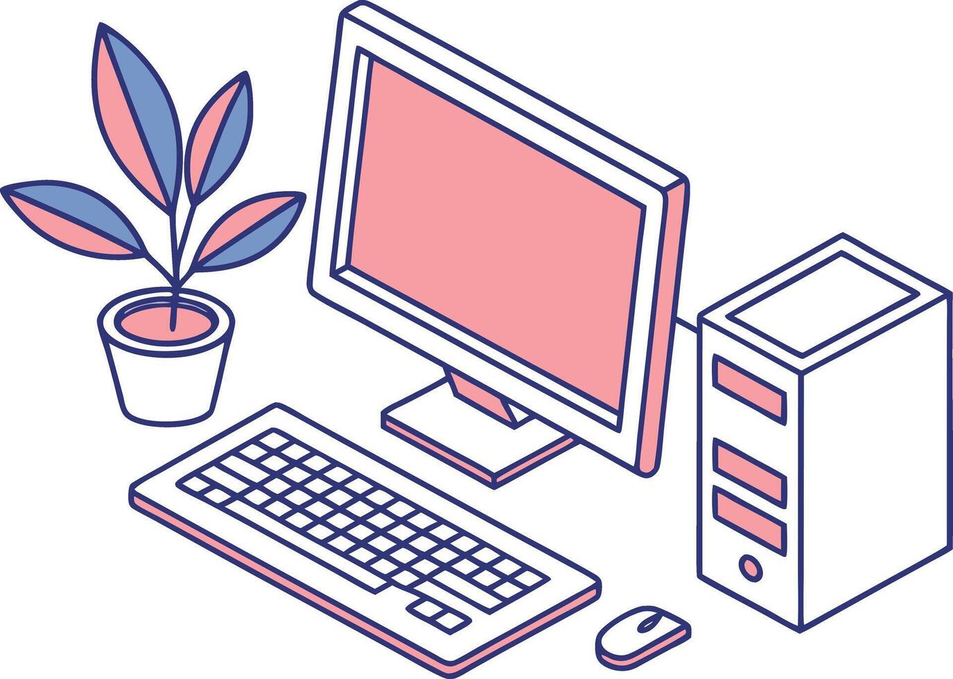 Isometric computer setup with potted plant desktop vector
