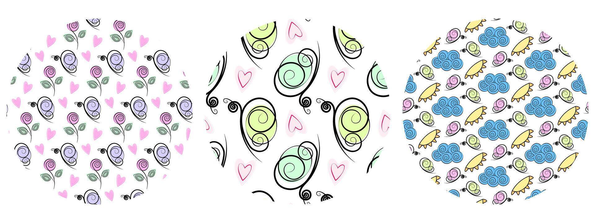 Butterflies and Rose Decorative hearts and Clouds Patterns on Circle Backgrounds Set Springtime Fond. Isolated design Spring or Summer Themes Cards Backdrop or promo banner, leaflet, label, tag vector