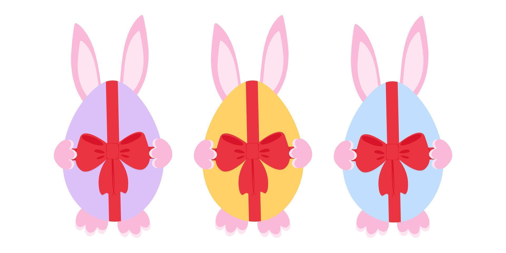 Easter Bunny hiding behind Easter Egg with red tied ribbon bow Easter greeting design elements Set. Isolated illustration Easter Holidays Greeting Thematic Celebrations Print or Digital design vector