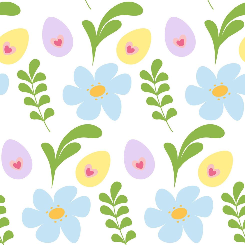 Hand Drawn Easter Eggs Flowers and Spring Twigs Seamless Pattern Easter Holidays Thematic Background. Isolated illustration Easter or Spring Thematic Card Backdrop Banner, leaflet, price, label vector