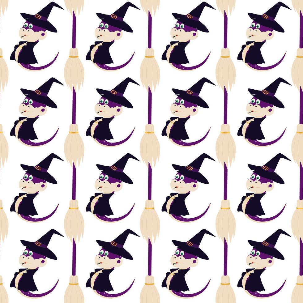Halloween Snake in Witch Hat and cloak with Broom Seamless Pattern Halloween Thematic Backdrop idea. Isolated illustration Halloween Greeting Background Party invite or banners, leaflets, price vector
