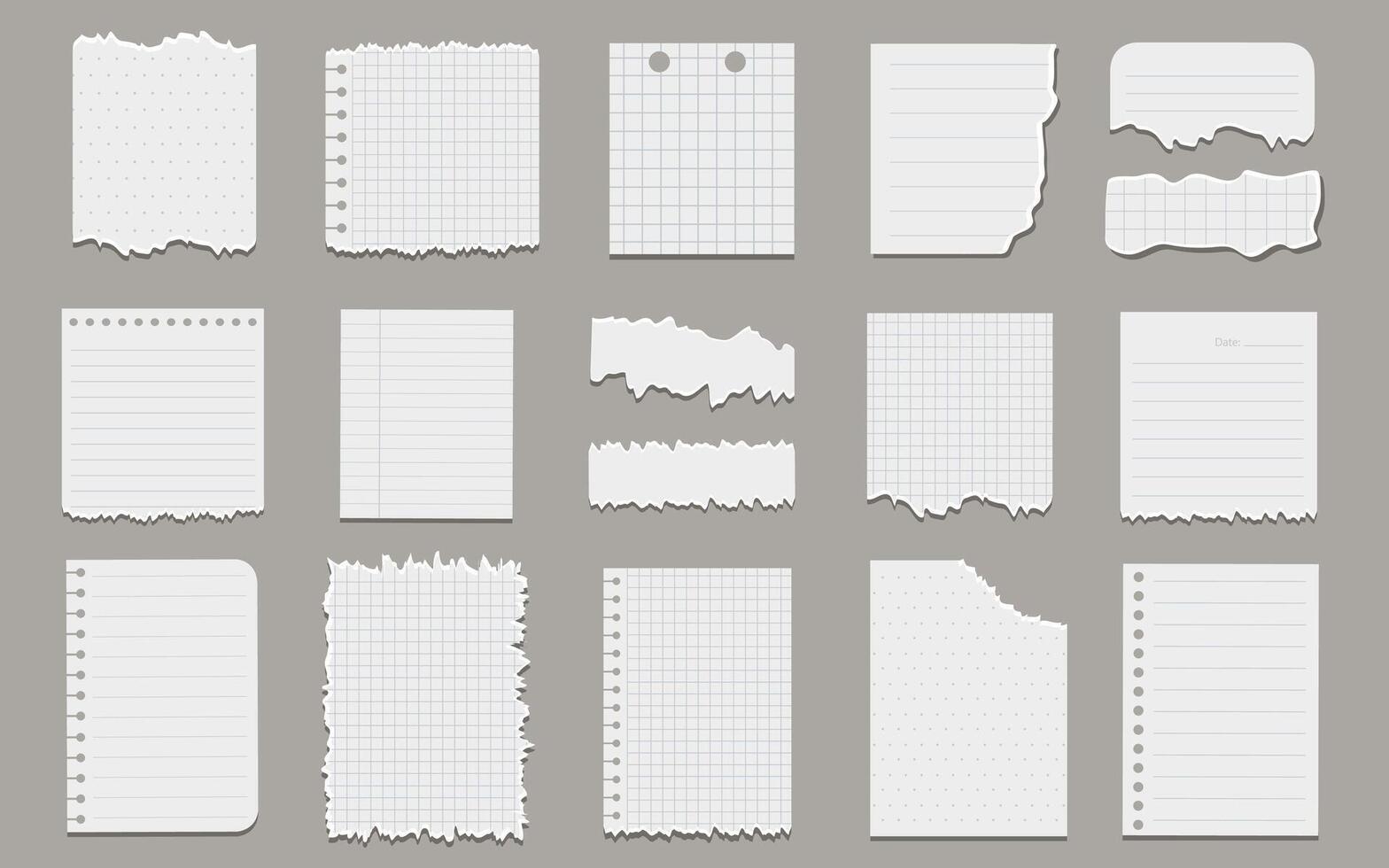 Torn paper. Set of torn papers, stickers, sticky notes, memo messages, notepads. Ripped paper sheet fragments. vector