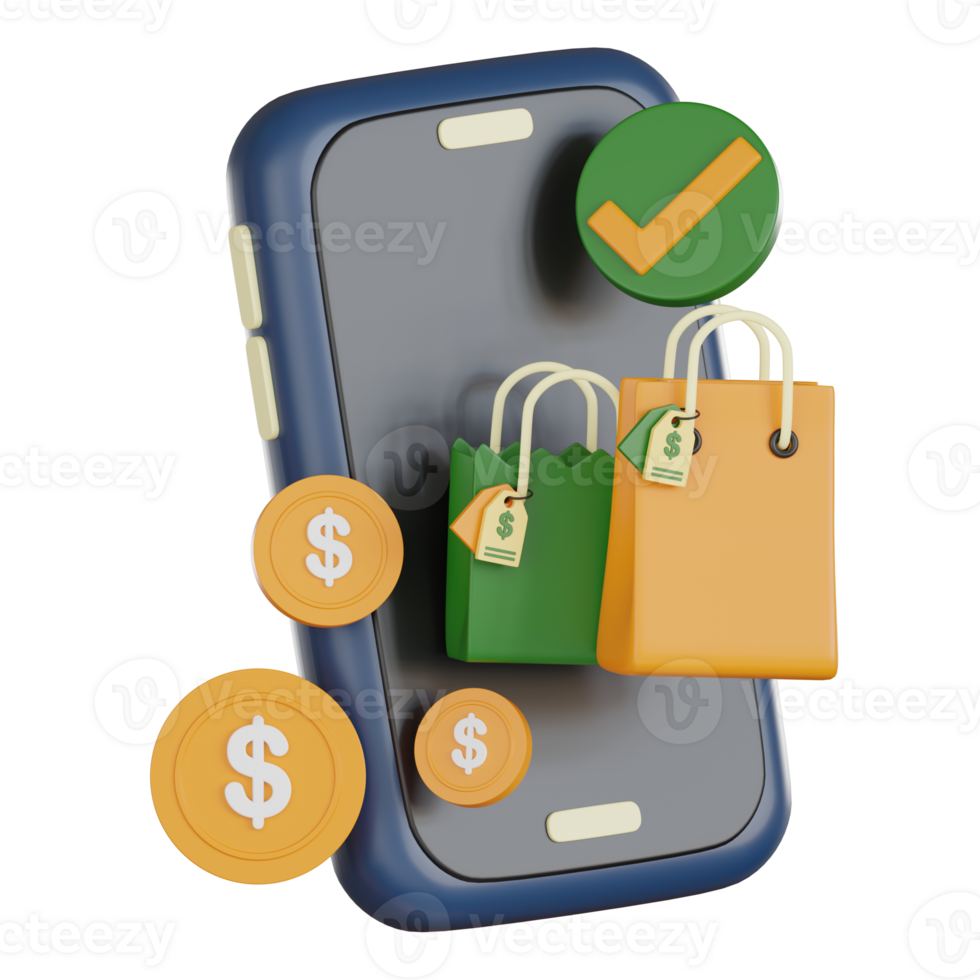 Mobile shopping concept with retail bags and dollar coins in 3d icon style showing successful purchase and payment confirmation on smartphone screen png