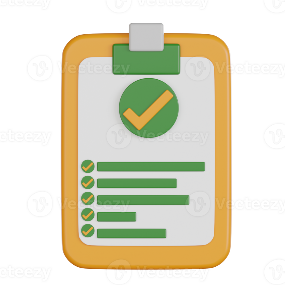 Shopping checklist retail 3d icon with green check marks on yellow clipboard symbolizing completed tasks and organized planning for efficient shopping and retail management png