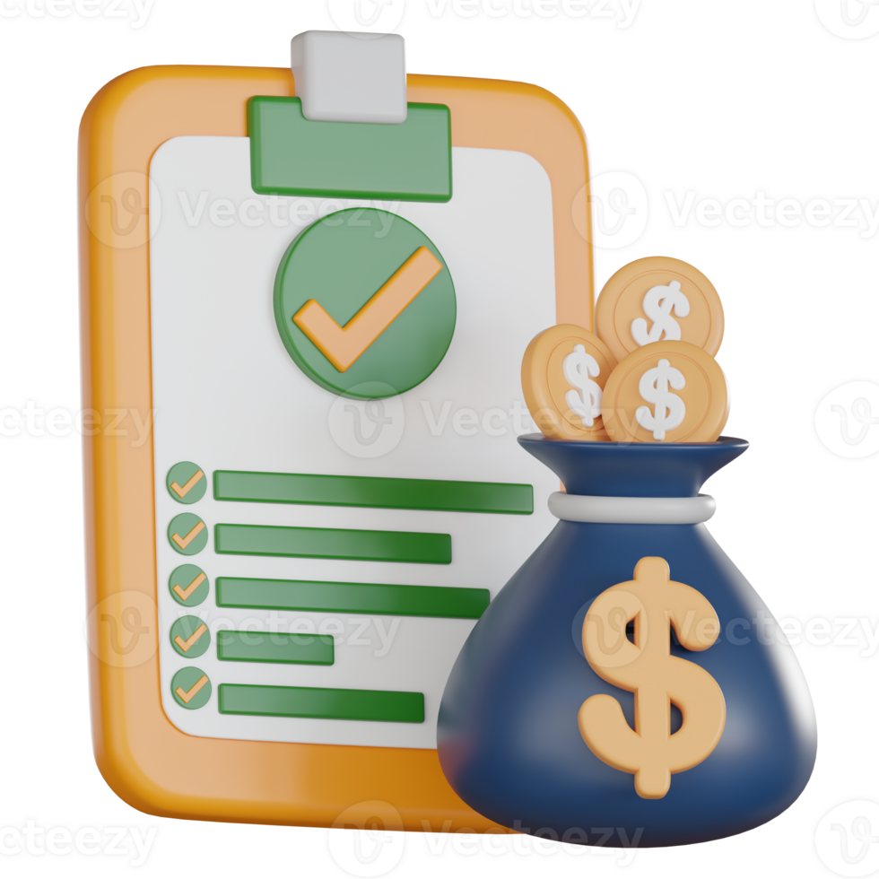 Checklist with green check marks and money bag with coins 3d icon representing shopping and retail success in financial transactions and budgeting png