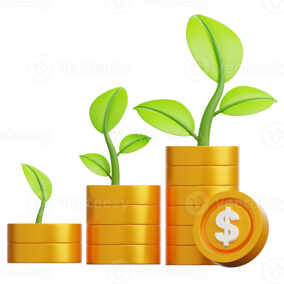 Depicting a compelling visual representation of financial growth and investment, with a stack of gold coins, each nurturing a vibrant green sprout. png