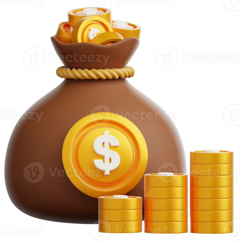 A visual representation of wealth accumulation and financial growth. The image features a overflowing bag of gold coins, with additional stacks of coins suggesting increasing prosperity. png