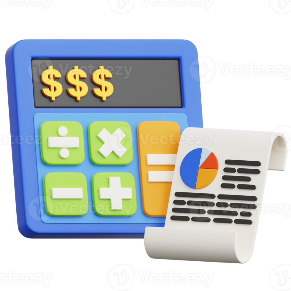 A close-up rendering of a calculator and report with financial theme. The calculator features large buttons with simple calculations while the report contains a pie chart and text data. png