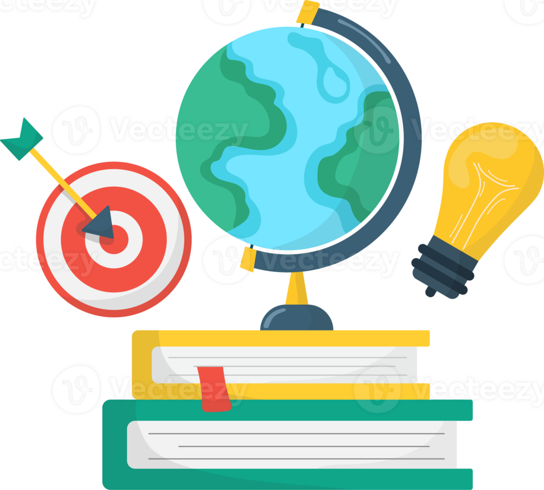 Globe on Books with Target and Lightbulb Illustration png