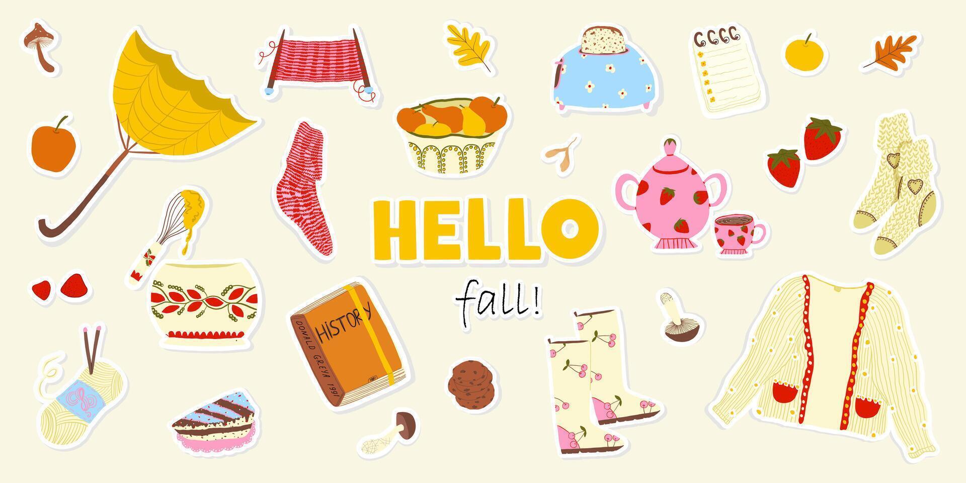 Hello fall illustration with autumn elements vector