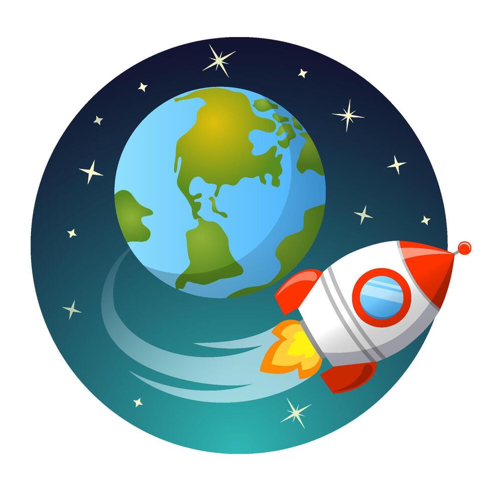 Rocket launch. Rocket flying around Earth vector