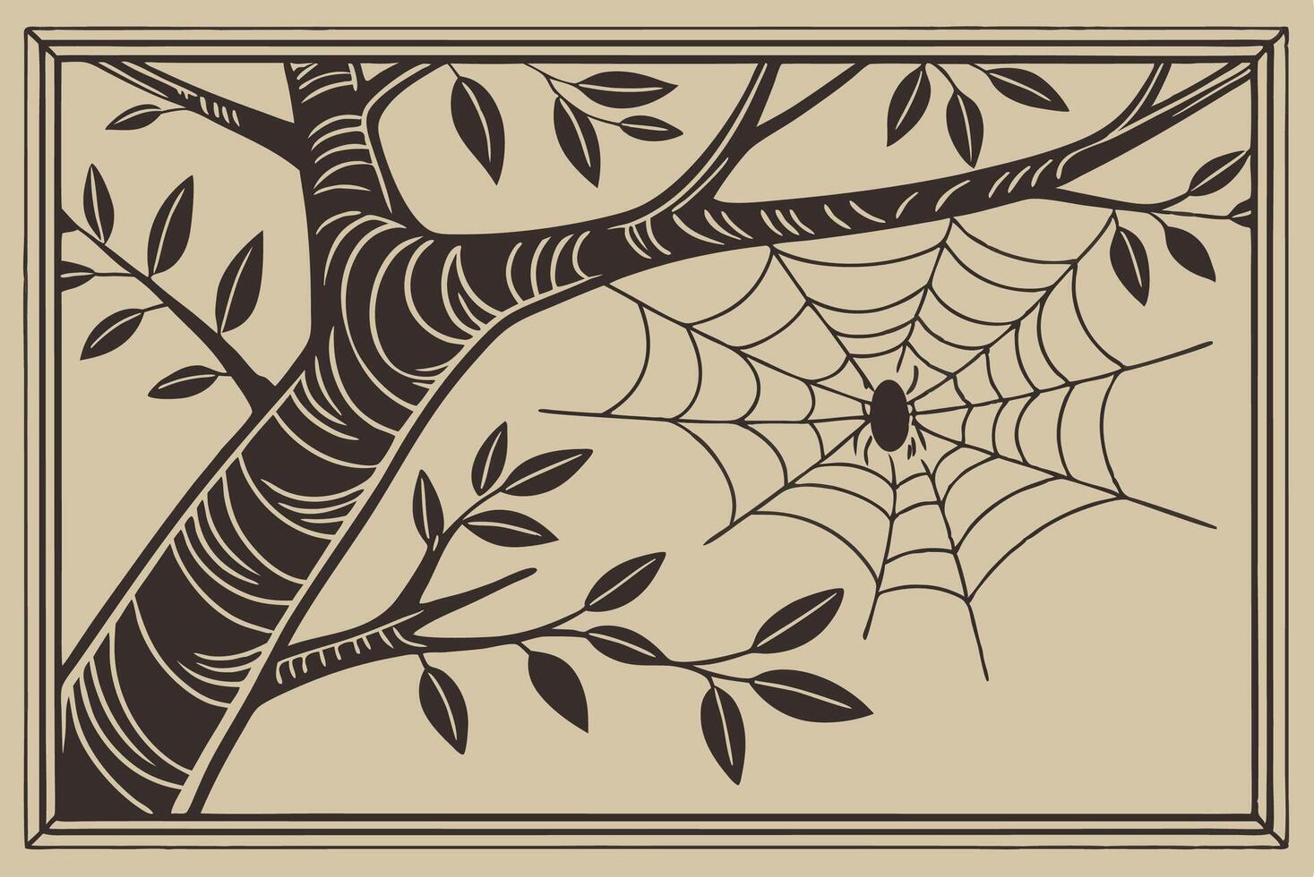 Spooky Art Depicting a Tree with Spiderweb in a Detailed Frame vector