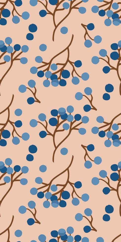 Seamless pattern with abstract blueberry branches in blue and brown on soft peach background. Ideal for fabric prints, wrapping paper, stationery, wallpapers, and branding designs vector