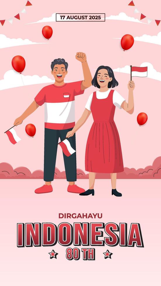 Vertical Indonesian Independence Day Celebration with Flags and Balloons on August vector
