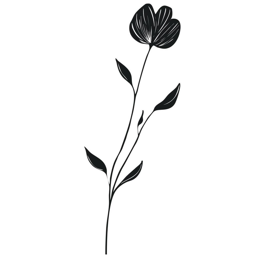Elegant illustration of a stylized single black flower with elongated leaves, perfect for minimalist designs and print projects. vector