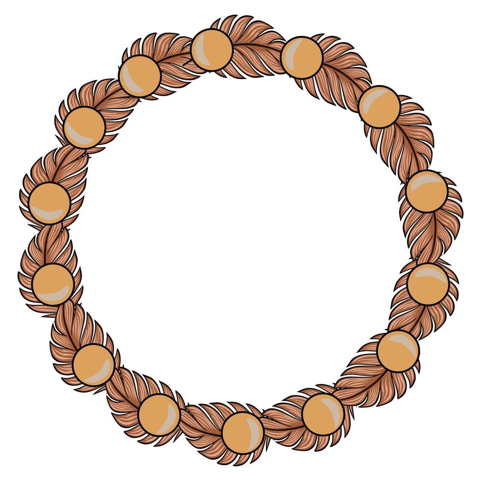 Elegant circular frame design featuring stylized brown feathers and golden spheres, perfect for luxurious branding or invitation. vector