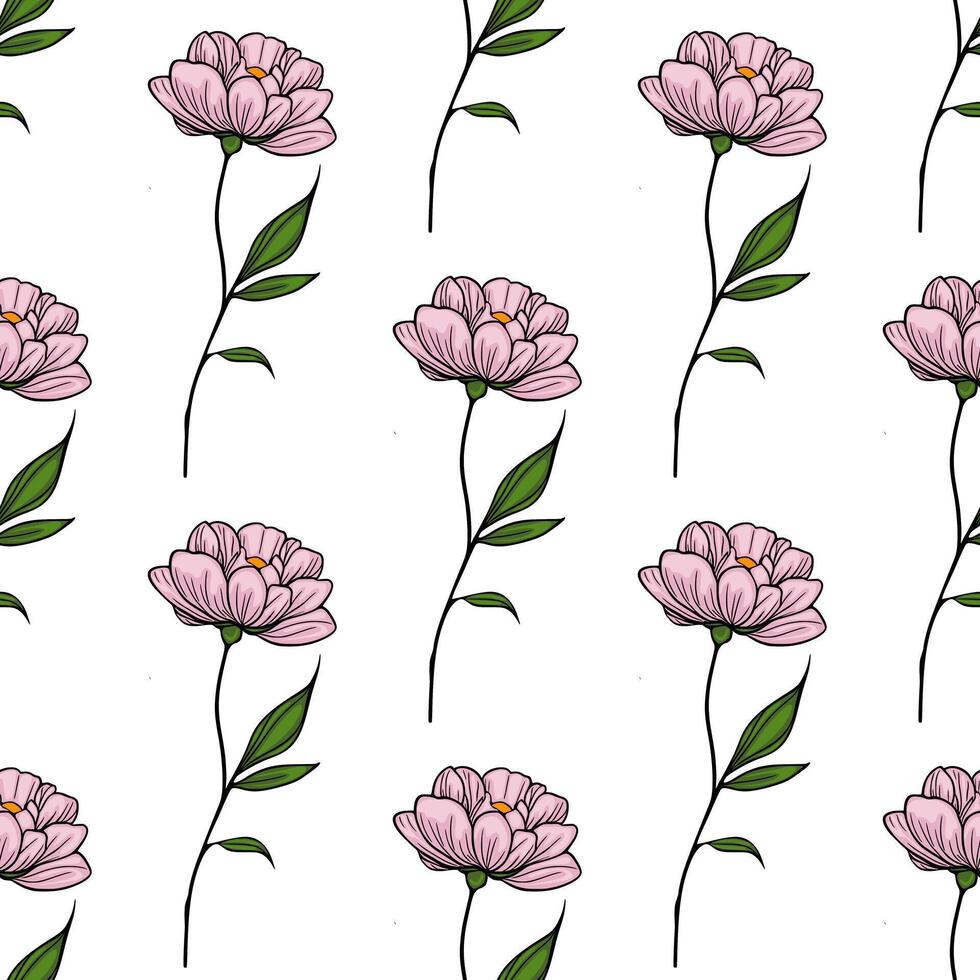 Seamless pattern of delicate pink peony flowers with green leaves on a white background, created in a minimalist line art style. vector