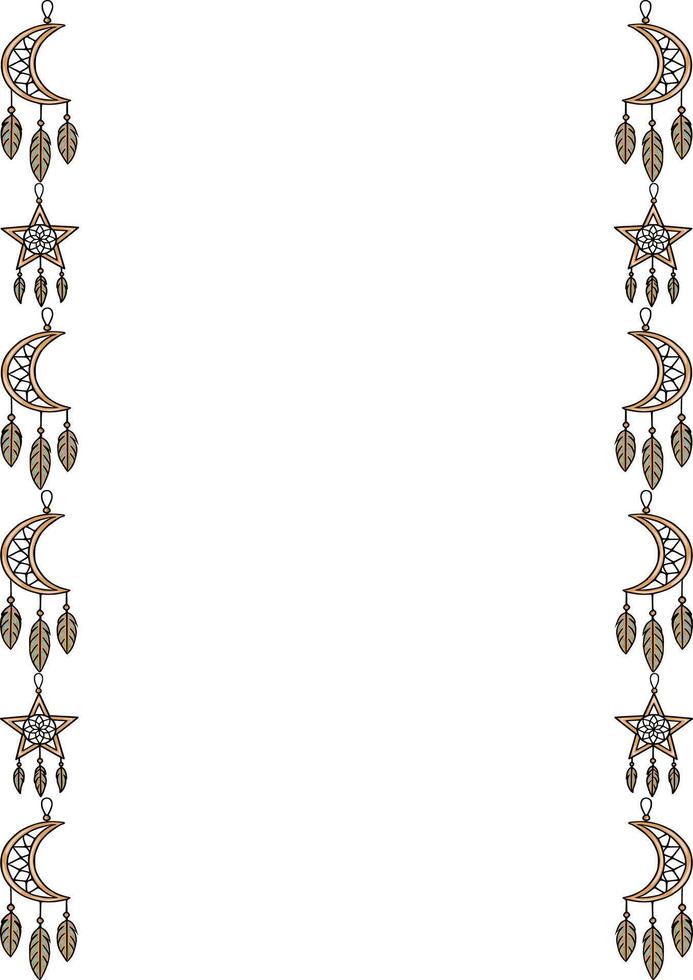 Seamless border design featuring repeating dreamcatchers in crescent moon and star shapes, adorned with delicate feathers in earthy tones, perfect for boho-style invitations or backgrounds. vector