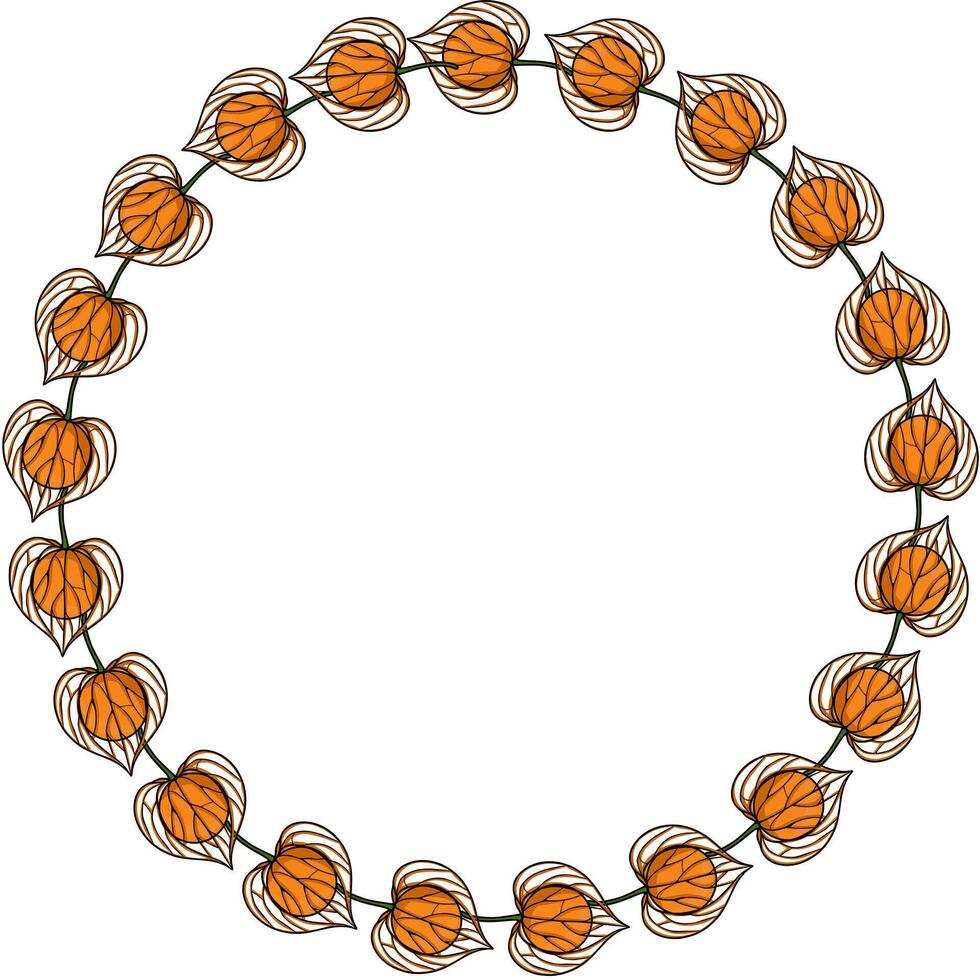 Elegant circular frame design featuring a continuous garland of stylized Physalis alkekengi, showcasing vibrant orange hues and intricate white-lined details against a stark white background. vector