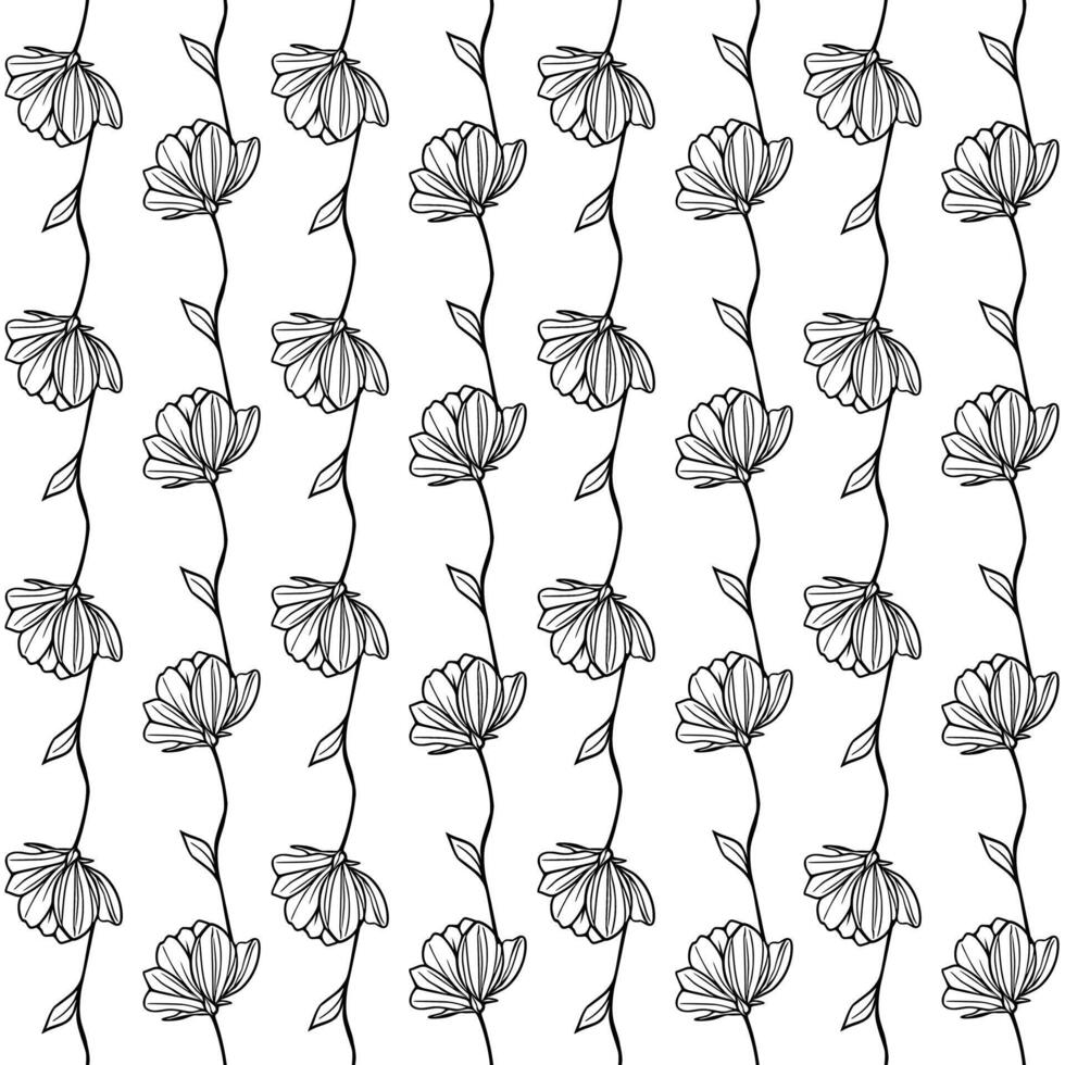 Elegant seamless pattern with stylized black outline flowers on white background, creating a delicate and repetitive floral design. vector