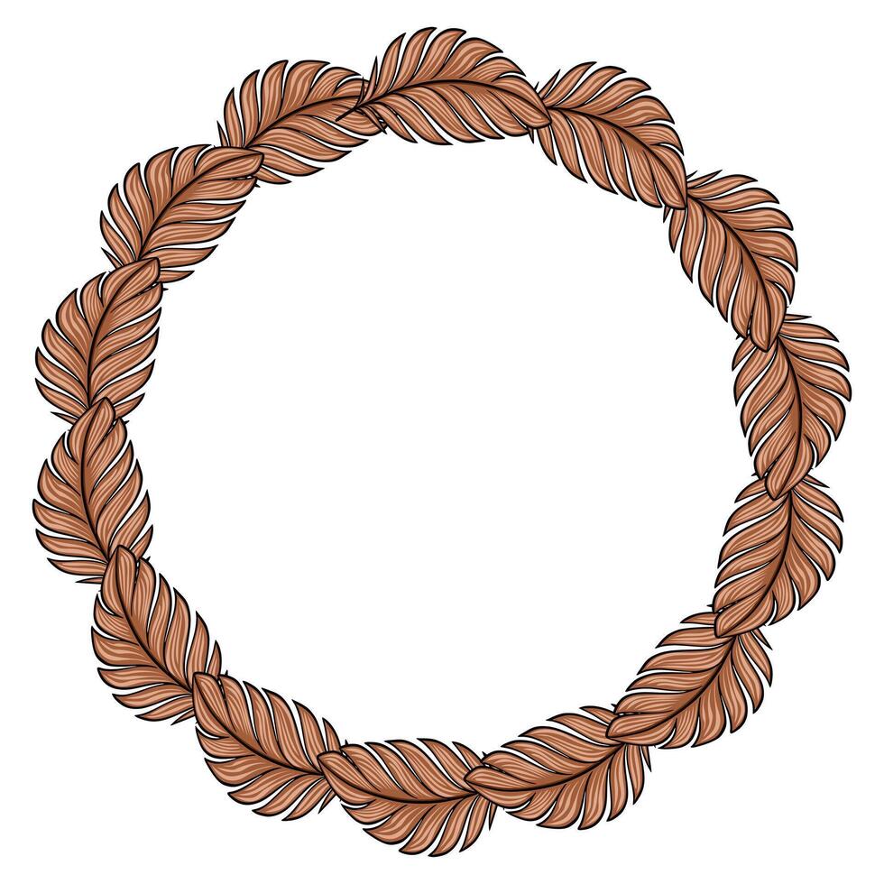 Elegant circular frame design featuring intricately detailed brown tropical leaves, perfect for adding a touch of nature to invitations, cards, or branding materials. vector