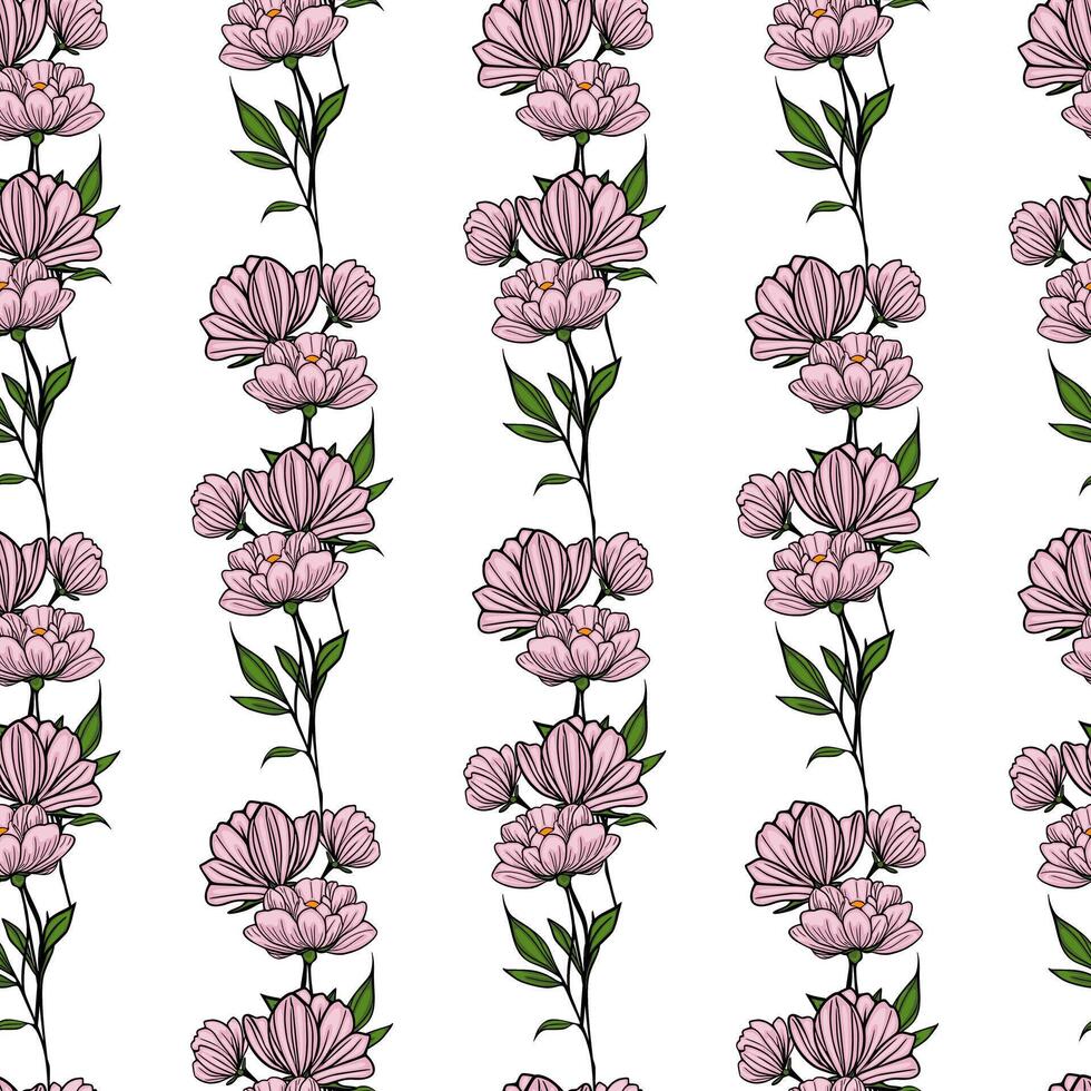 Seamless pattern with delicate pink flowers and green leaves arranged in vertical stripes on a white background, creating a soft and elegant floral design. vector