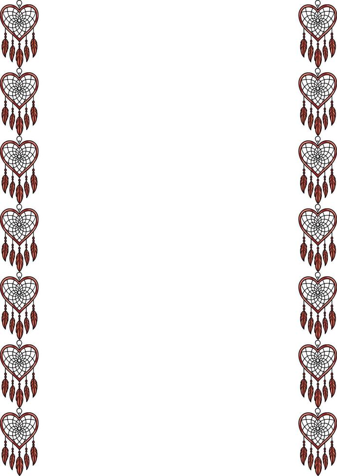 Seamless border design featuring heart-shaped dream catchers with brown feathers, perfect for invitations, cards, or scrapbook pages. vector