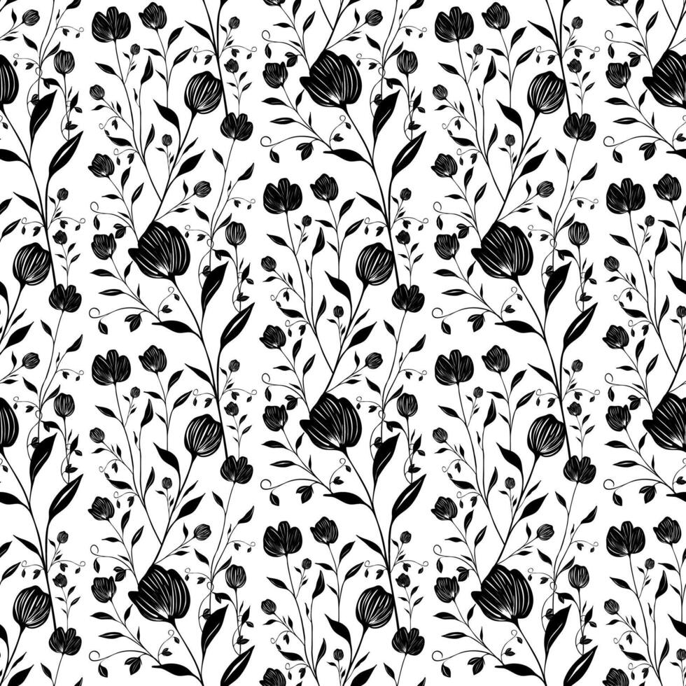Seamless pattern of stylized black floral elements on a white background, featuring intricately detailed flowers and leaves in a repeating design. vector