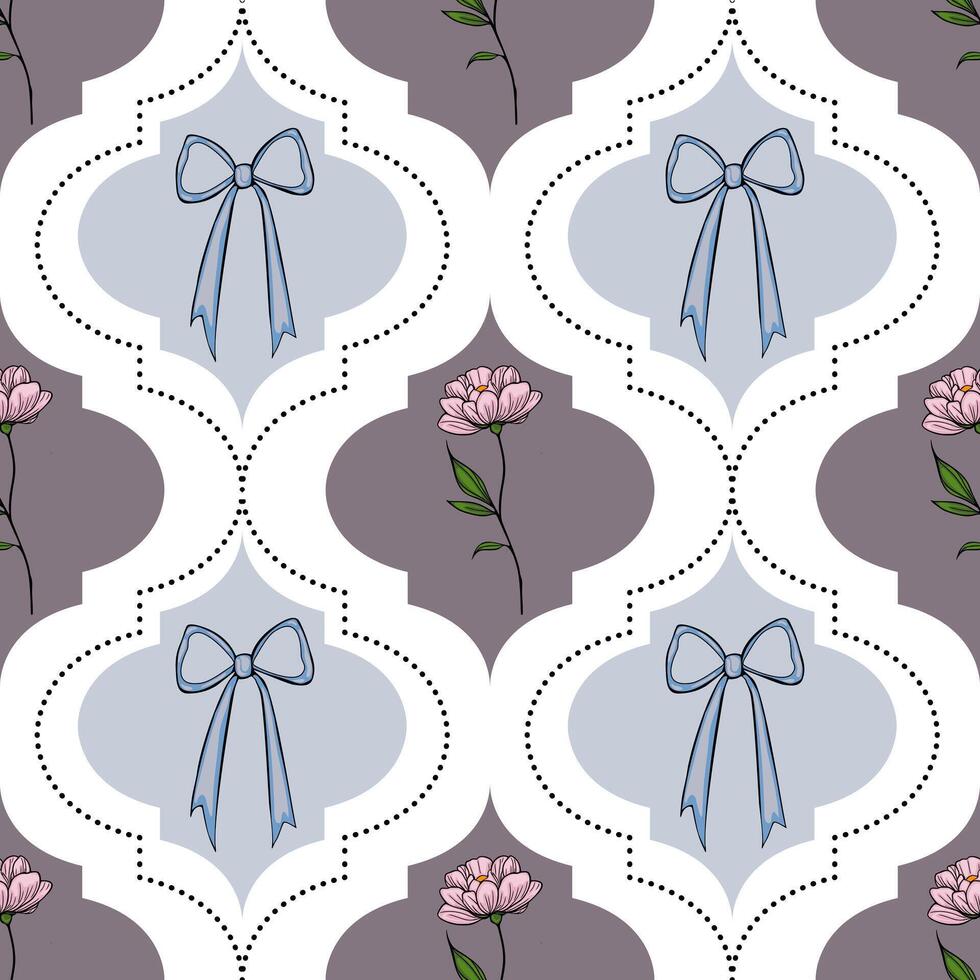 Seamless pattern with delicate light-blue bows, pink flowers, and geometric quatrefoil shapes on a dusky purple background, creating an elegant and sophisticated textile design. vector